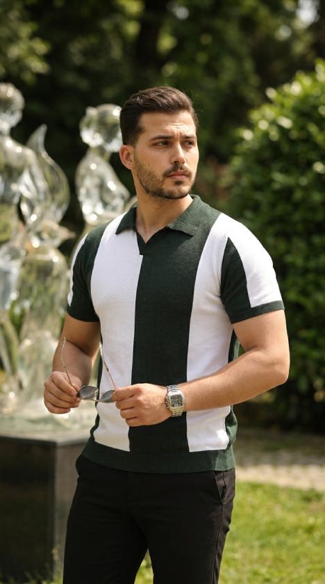 Erkek Kısa Kollu Polo Yakalı Blok Desenli Triko Bluz