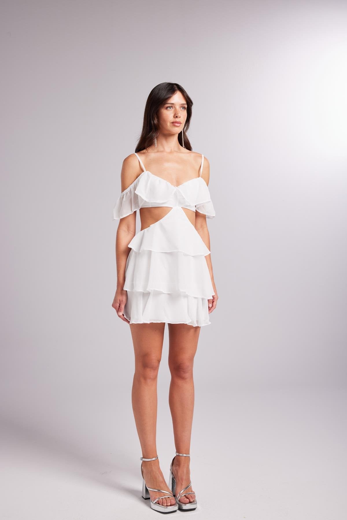 Mini Boy Dekolteli Açık Omuz Detaylı Ruby Elbise Beyaz