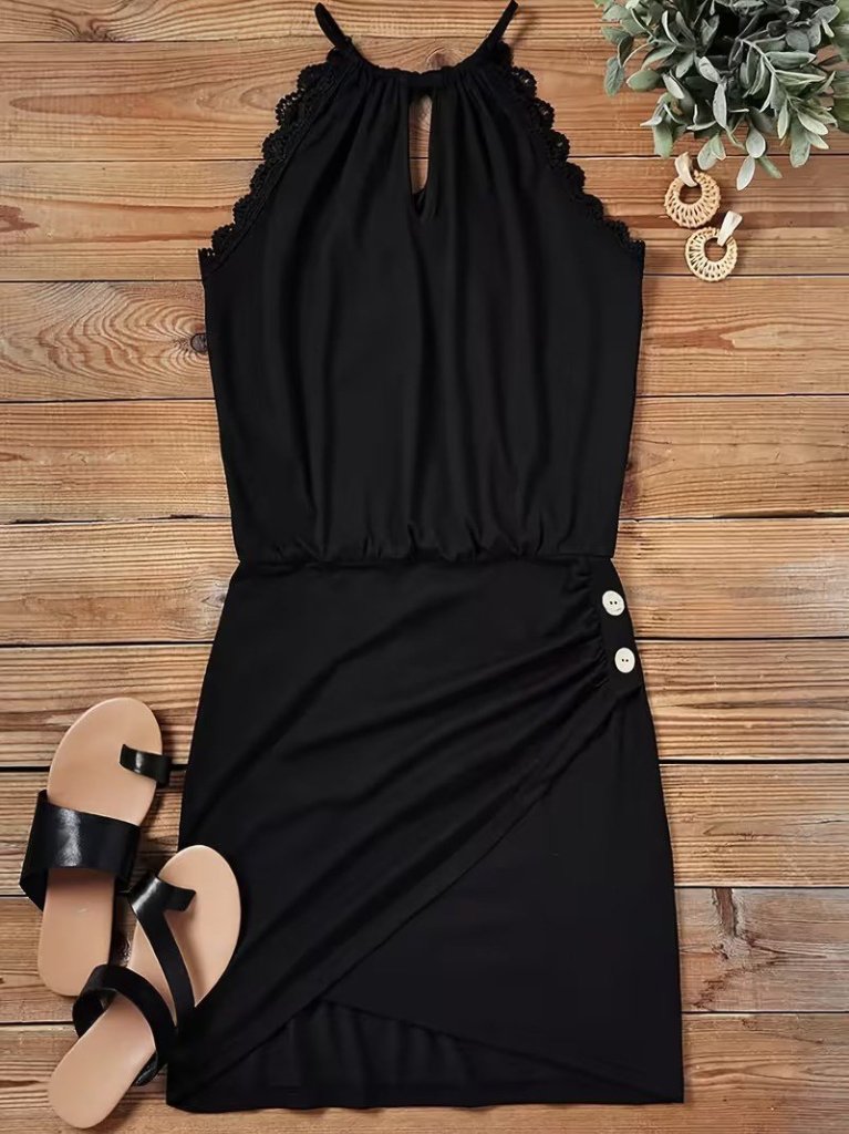 Women’s Round-Neck Short Viscose Dress with Back Tie, Button Details, and Asymmetrical Hemline