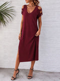Women's Short Sleeve Striped Detail Side Slit Viscose Dress
