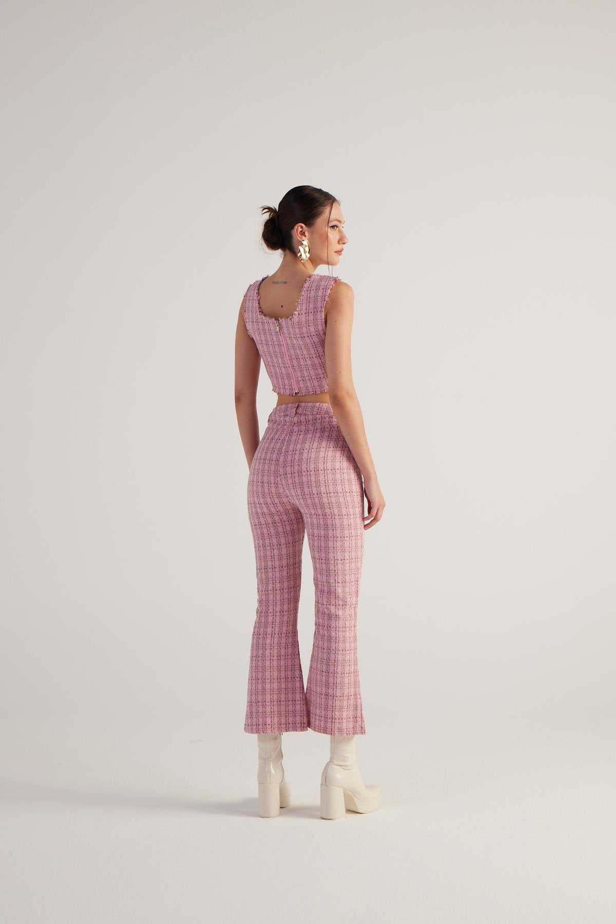 Tüvit Kumaş Crop Tweed Büstiyer Pembe