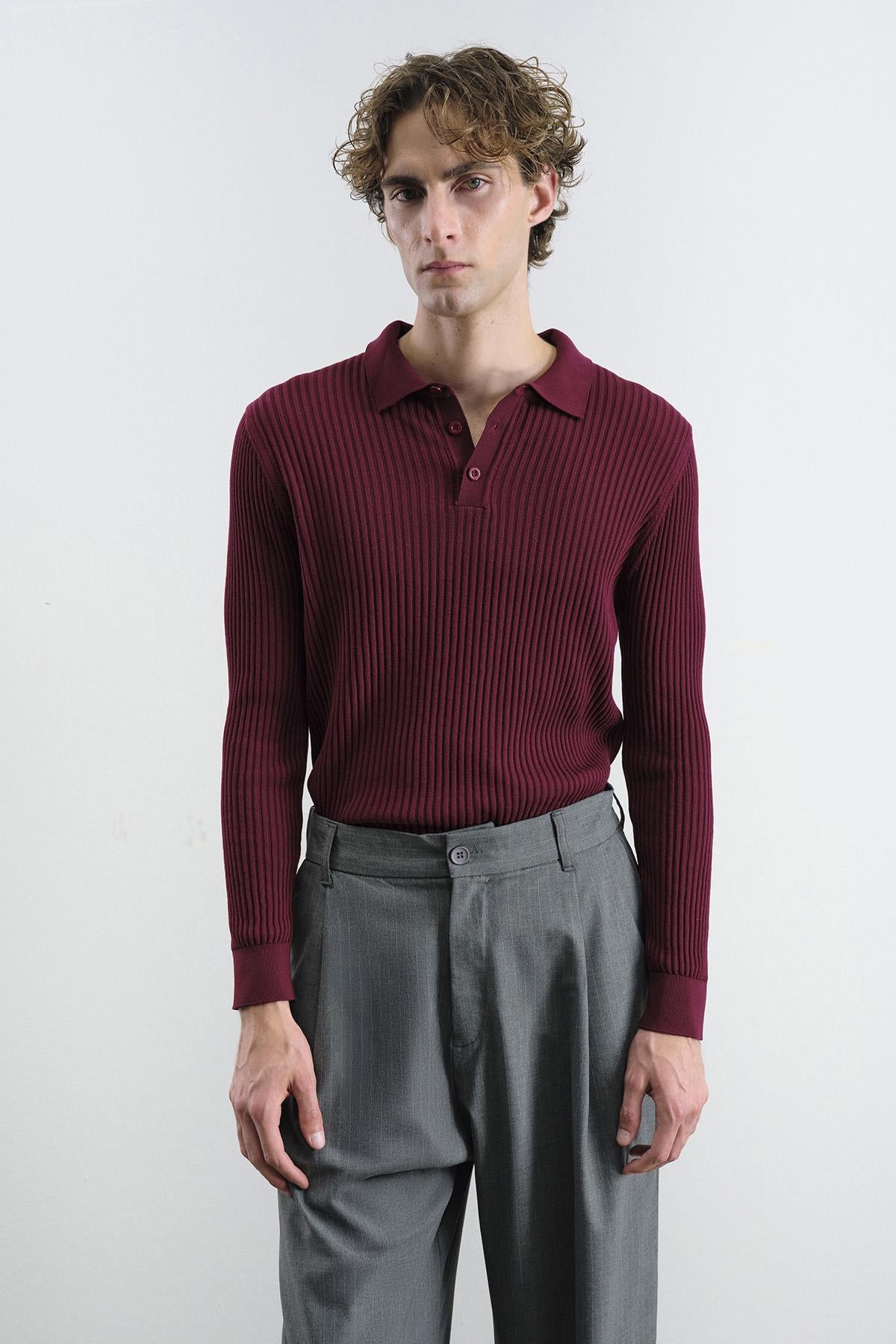 DAR KESİM DÜĞMELİ BORDO POLO YAKA TRİKO
