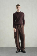 SLIM FIT BUTTONED BROWN POLO COLLAR KNIT