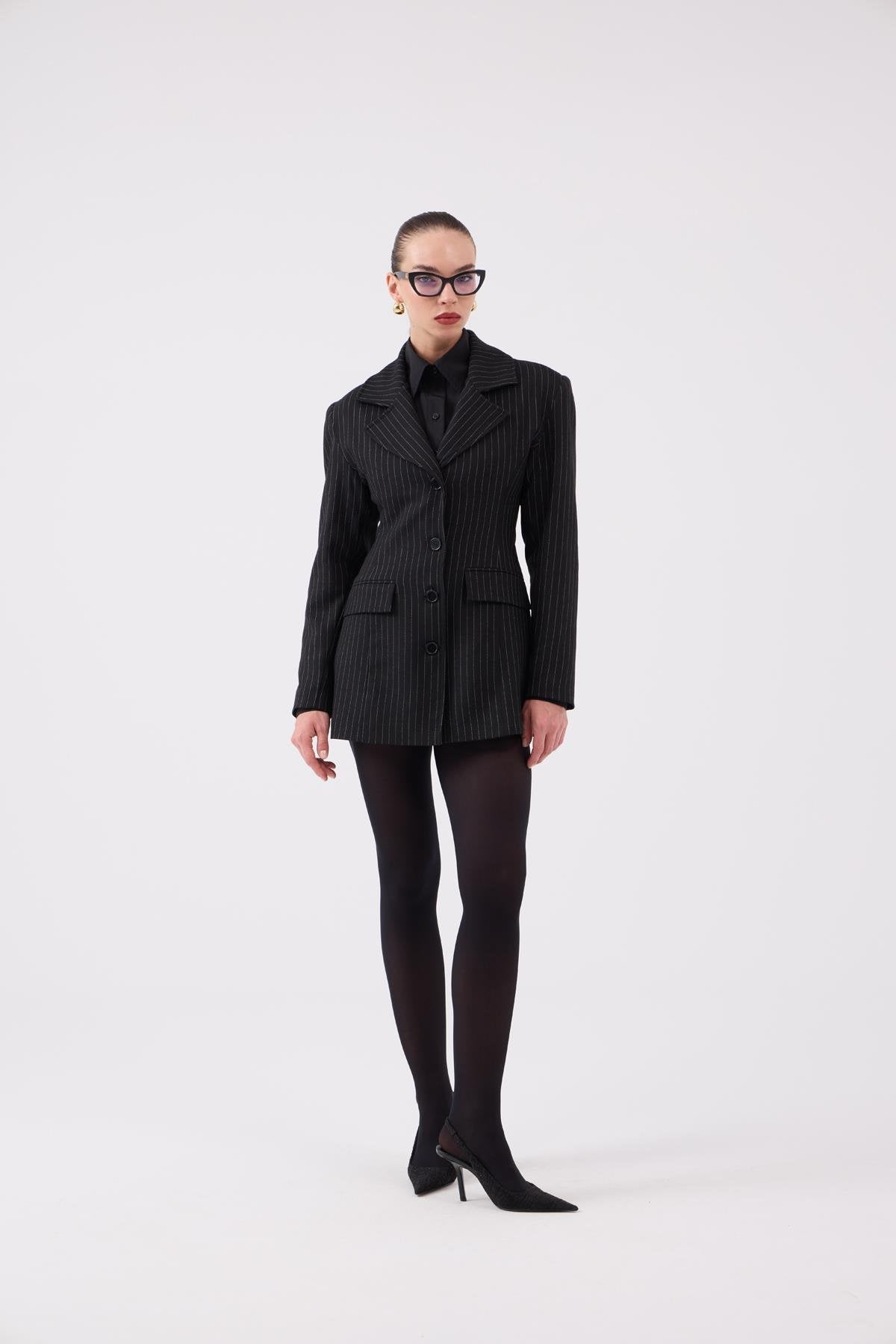 Belden Oturmalı Çizgili Fit Kesim Karen Blazer Ceket Siyah Siyah L