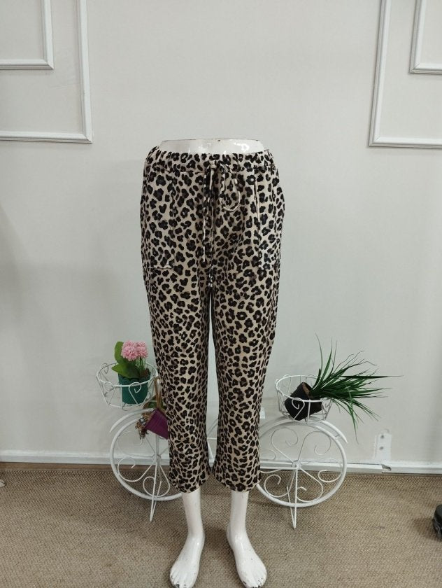 Kadın Yüksek Bel Bağcıklı Leopar Desenli Modal Pantolon