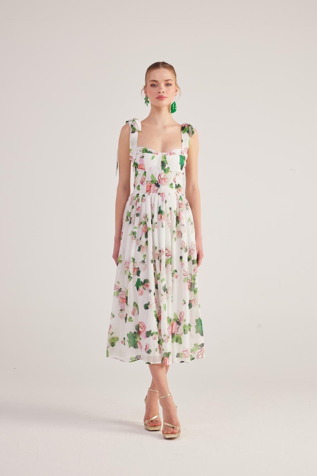 Çiçek Desenli Gloplu Uzun Şifon Donatella Elbise Beyaz Beyaz L