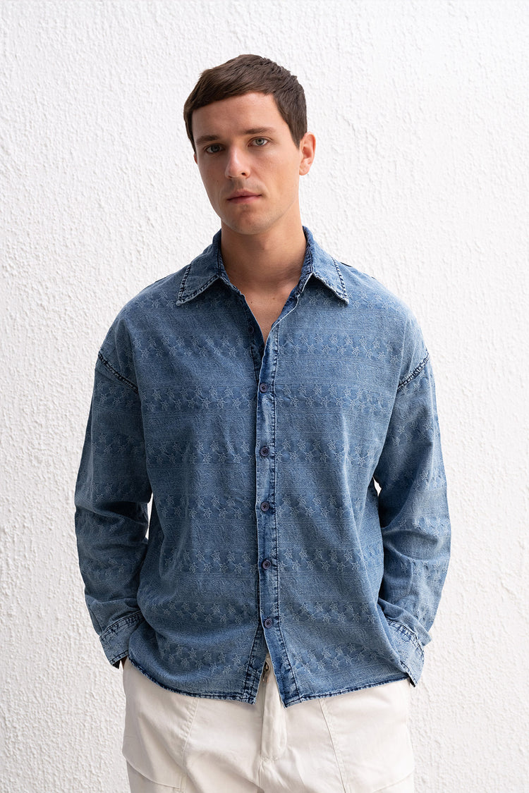 DESENLİ JAQUARD DENİM AÇIK MAVİ GÖMLEK