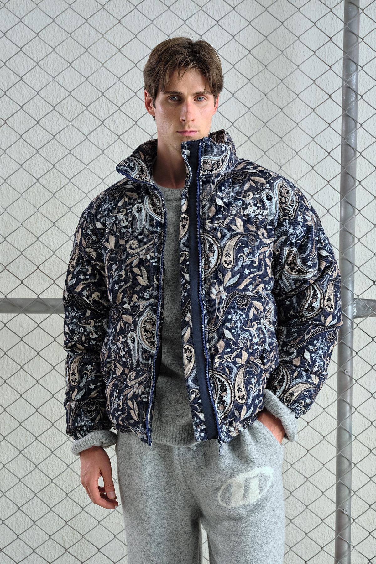 DESENLİ KADİFE ŞİŞME LACİVERT MONT