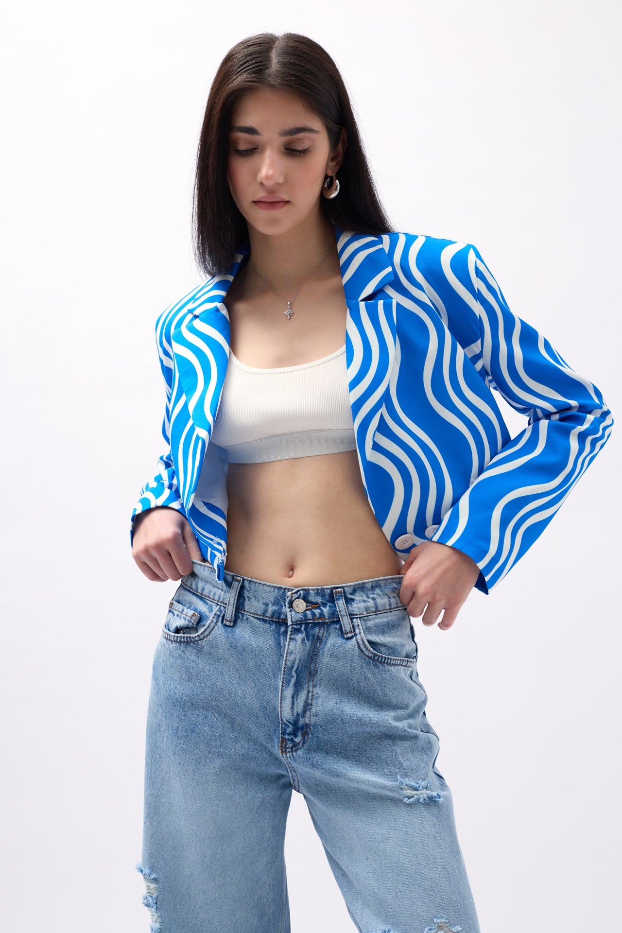 Desenli Mavi Crop Ceket