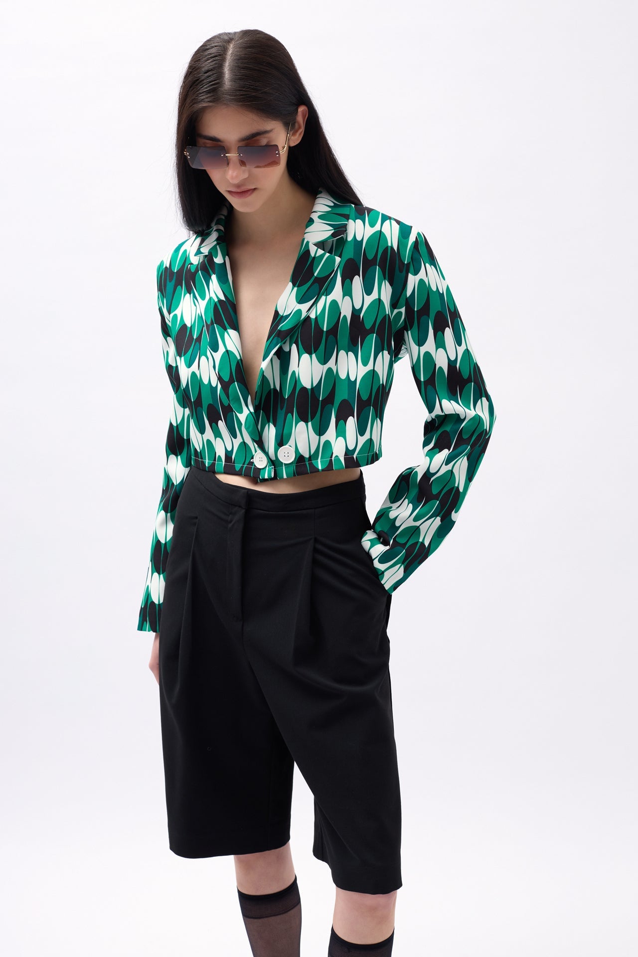 Desenli Yeşil Crop Ceket