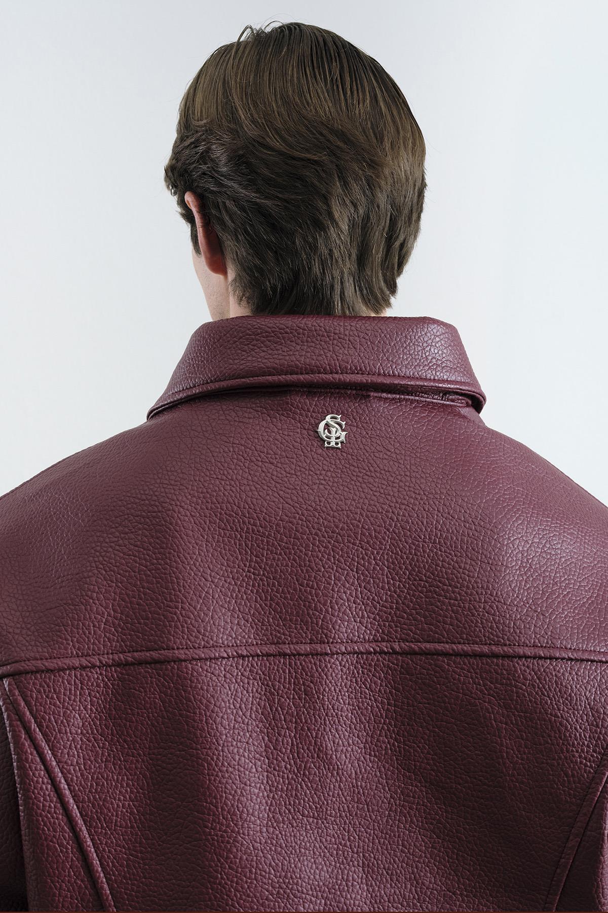 DOKULU BORDO DERİ CEKET