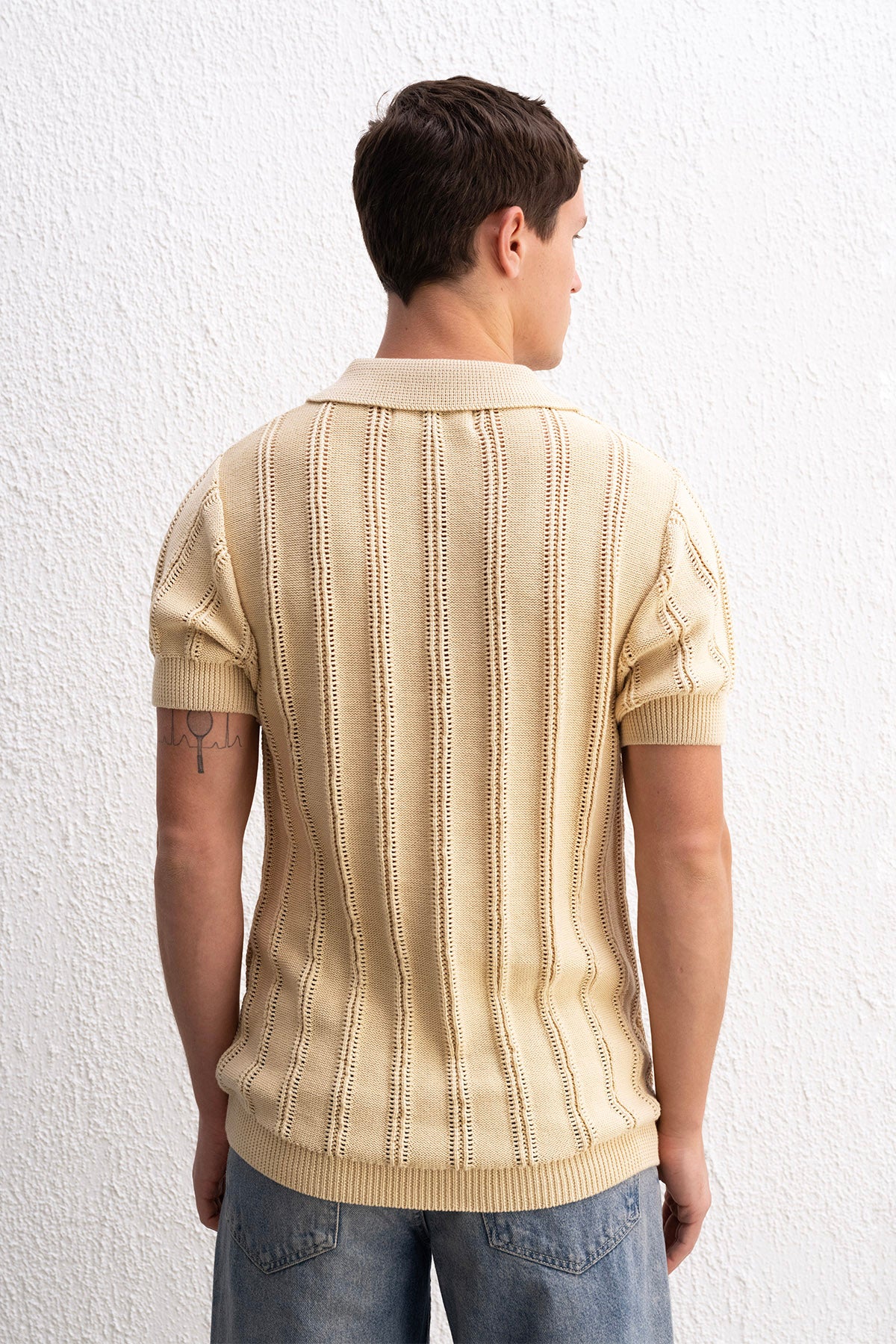 DOKULU POLO YAKA TRİKO BEJ T-SHIRT - BEJ M