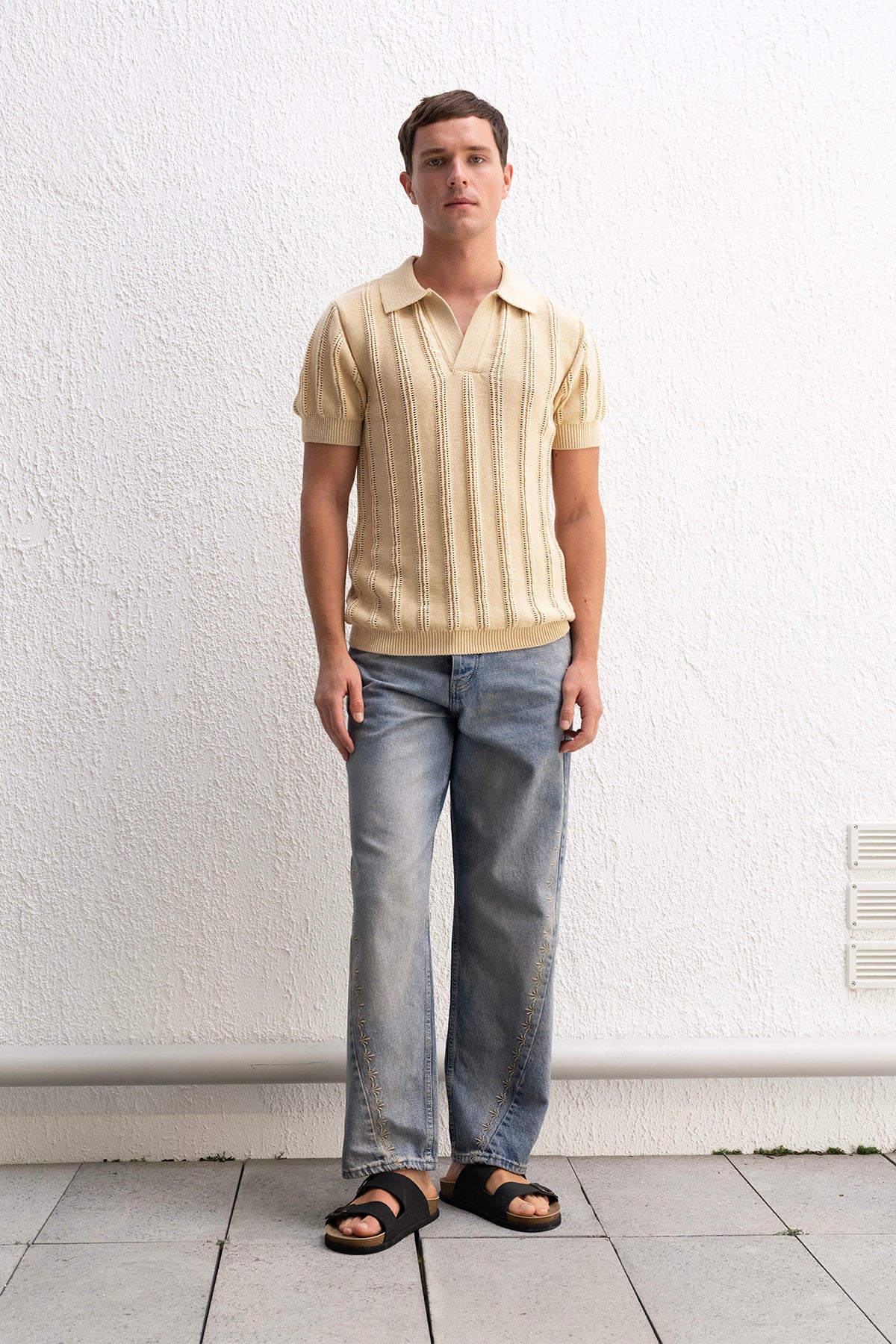 DOKULU POLO YAKA TRİKO BEJ T-SHIRT - BEJ S