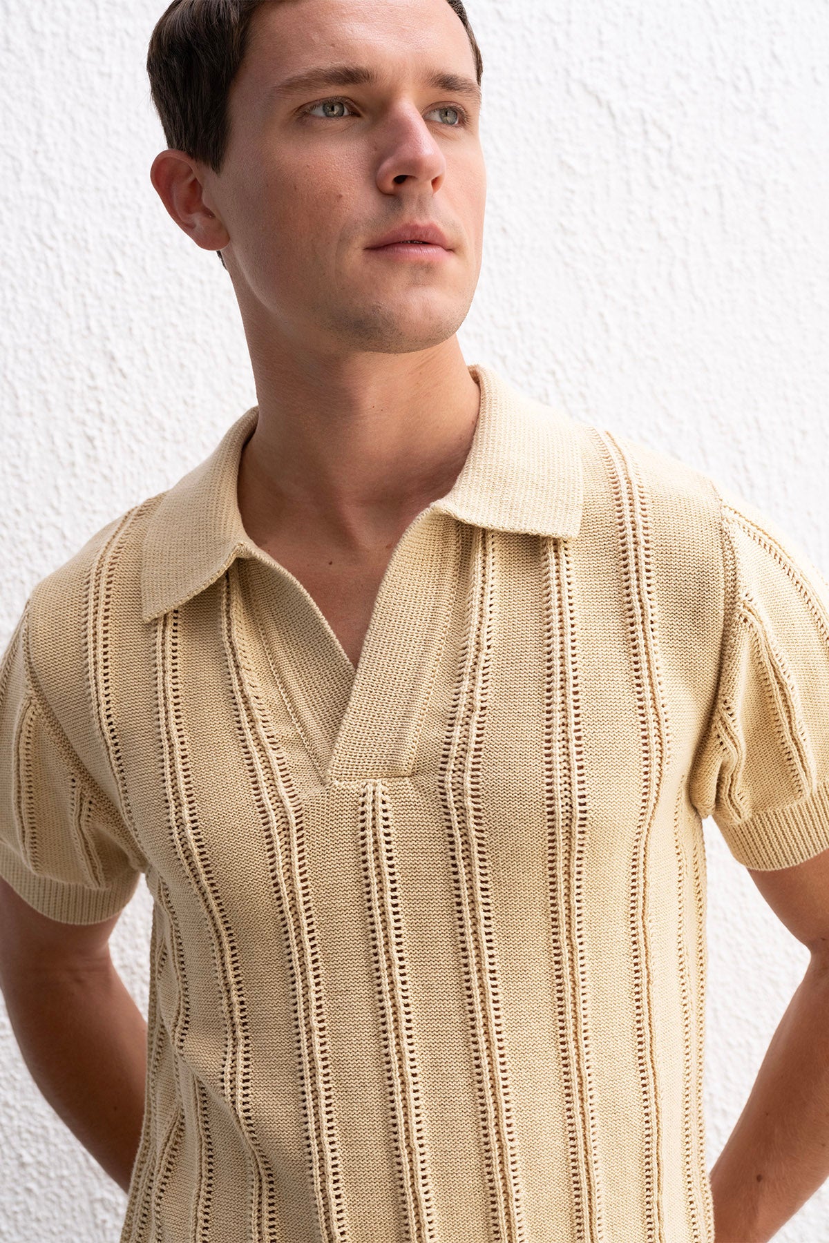 DOKULU POLO YAKA TRİKO BEJ T-SHIRT - BEJ M