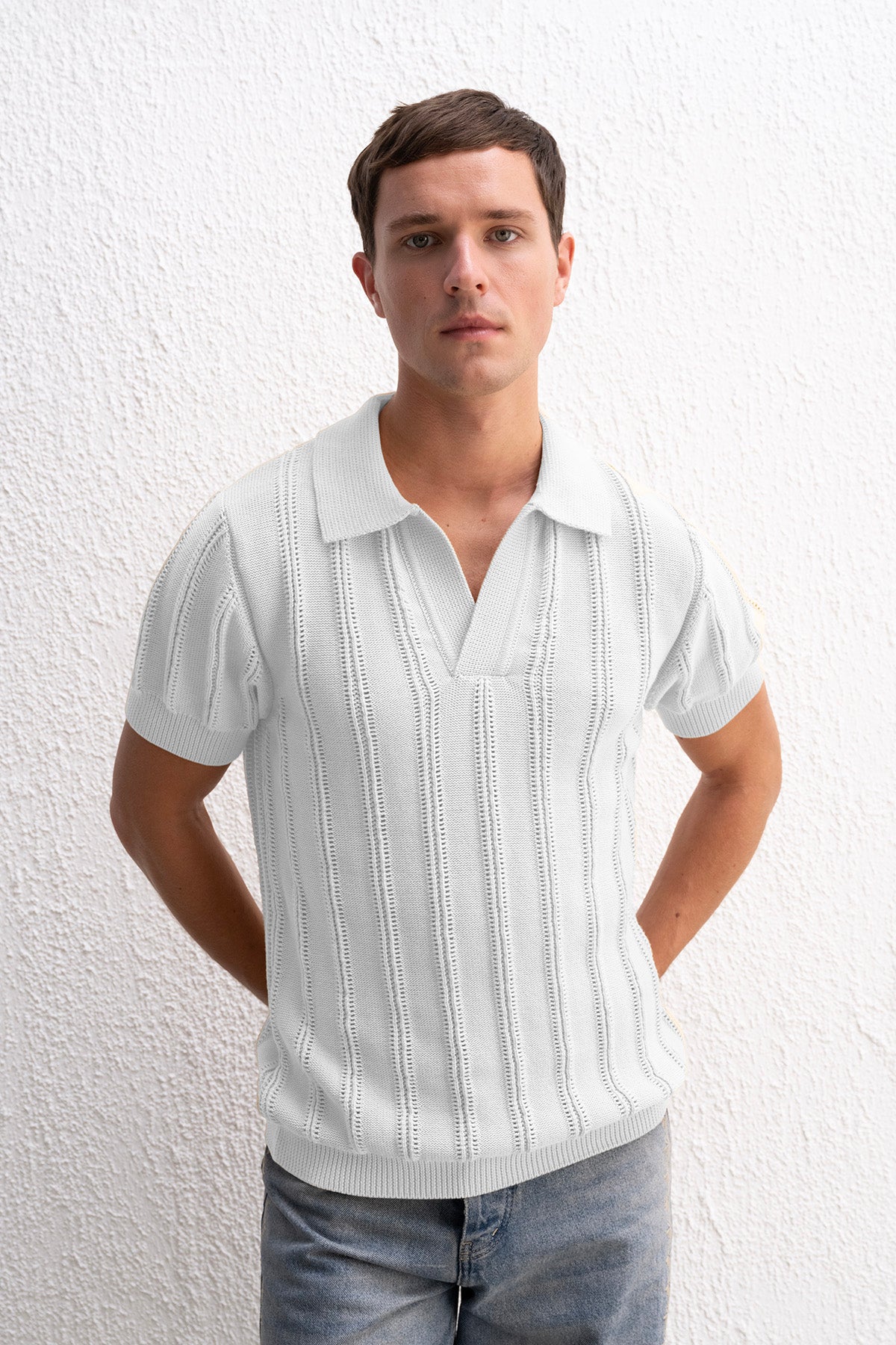 DOKULU POLO YAKA TRİKO BEYAZ T-SHIRT - BEYAZ L