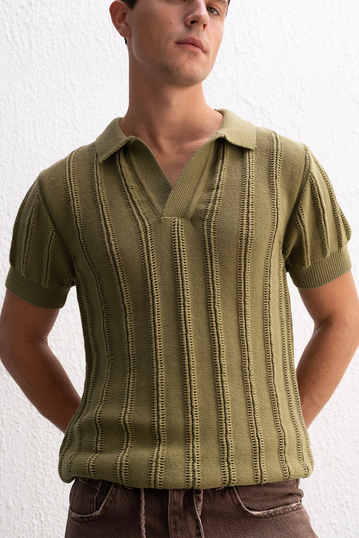 DOKULU POLO YAKA TRİKO HAKİ T-SHIRT