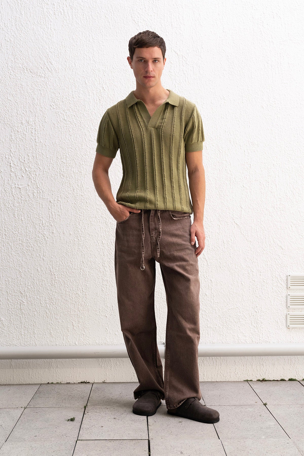 DOKULU POLO YAKA TRİKO HAKİ T-SHIRT - HAKİ M