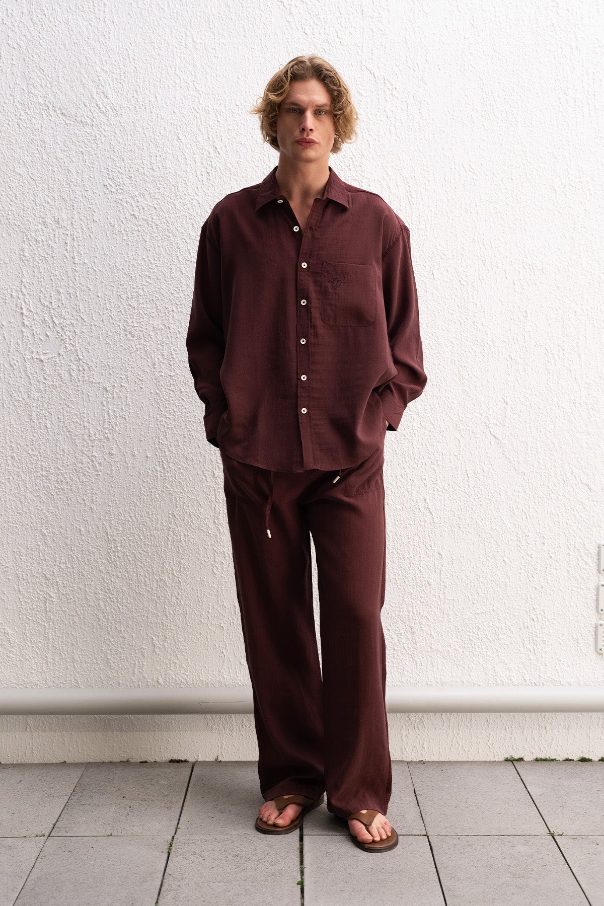 DÖKÜMLÜ OVERSIZE BORDO GÖMLEK
