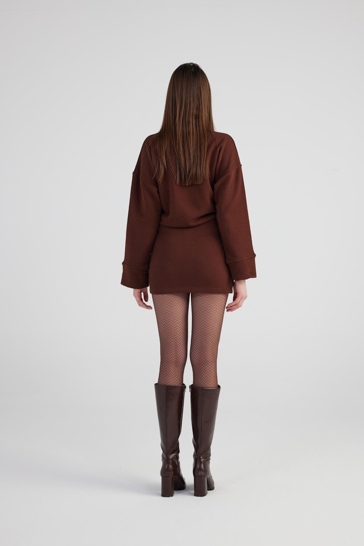 Yırtmaçlı Dokuma Kumaş Mini Claire Elbise Kahve