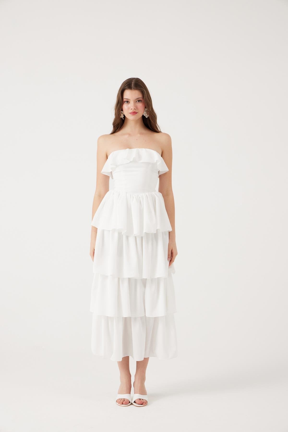 Straplez Fırfırlı Uzun Gracie Elbise Beyaz