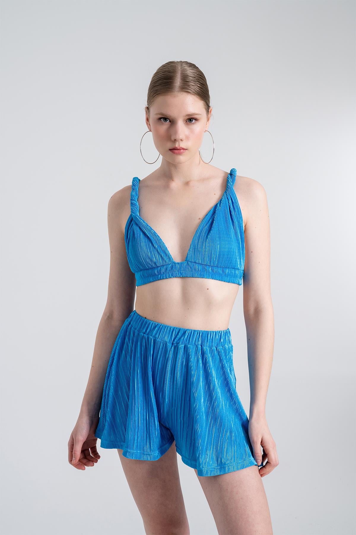 Beli Lastikli Mini Comfy Şort Mavi