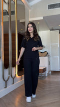 Women's Short Sleeve Collared Viscose Two-Ply Blouse and Pants Set