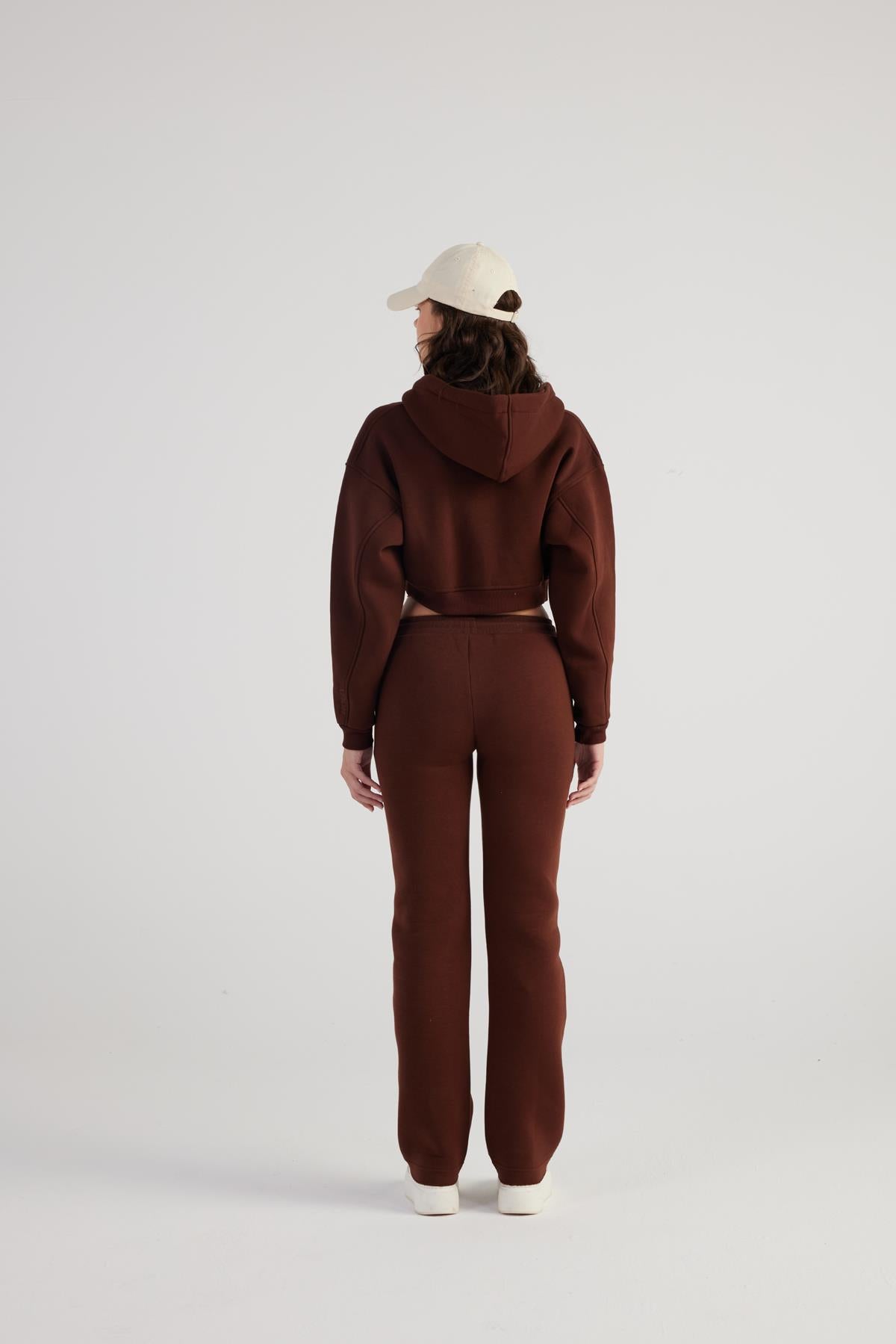 Kadın Kahverengi Kapüşonlu Uzun Kol Fermuarlı Crop Mixed Sweat