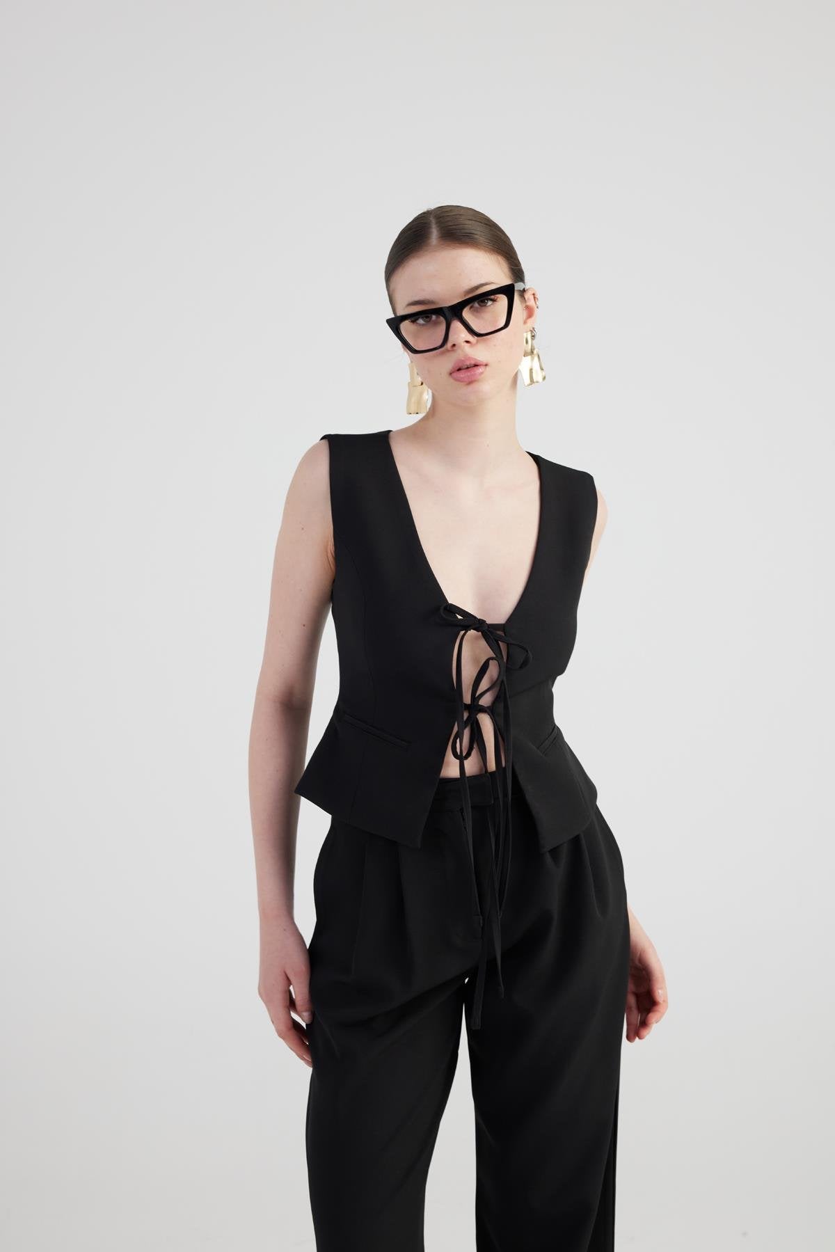 Bağlama Detaylı Frida Yelek Siyah Siyah L