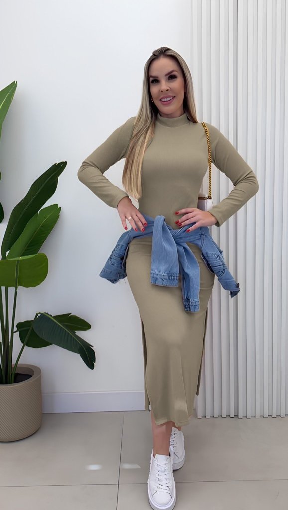 Kadın Uzun Kollu Balıkçı Yakalı Yanlardan Yırtmaçlı Kaşkorse Maxi Elbise