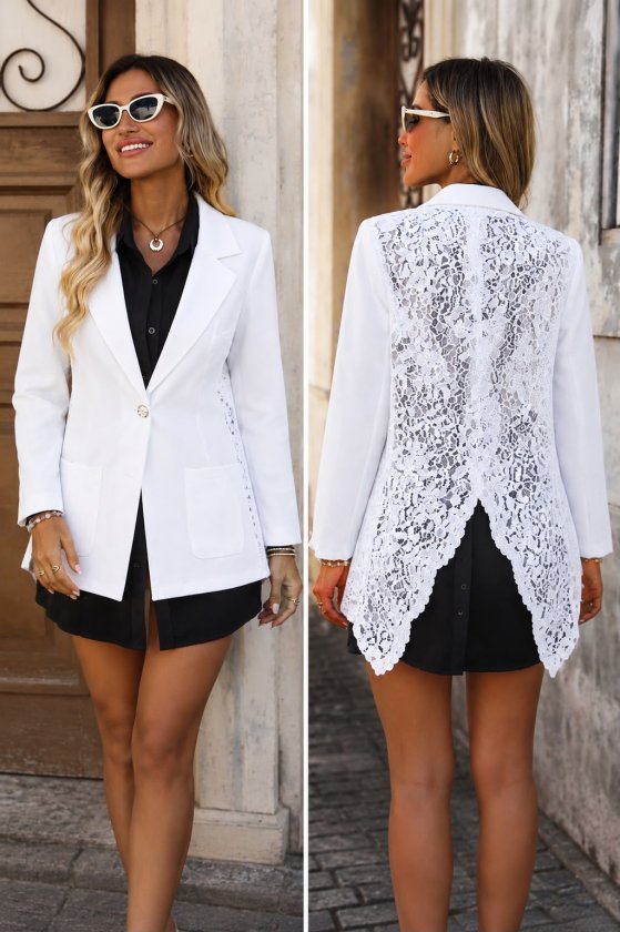 Arkası Dantel Detaylı Beyaz Blazer Ceket