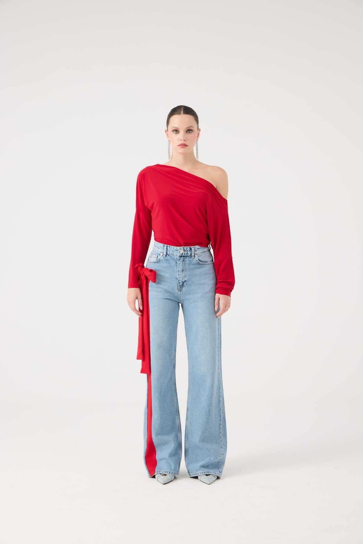 Yüksek Bel Kurdele Detaylı Wide Leg Kyla Jean Pantolon Mavi Mavi L