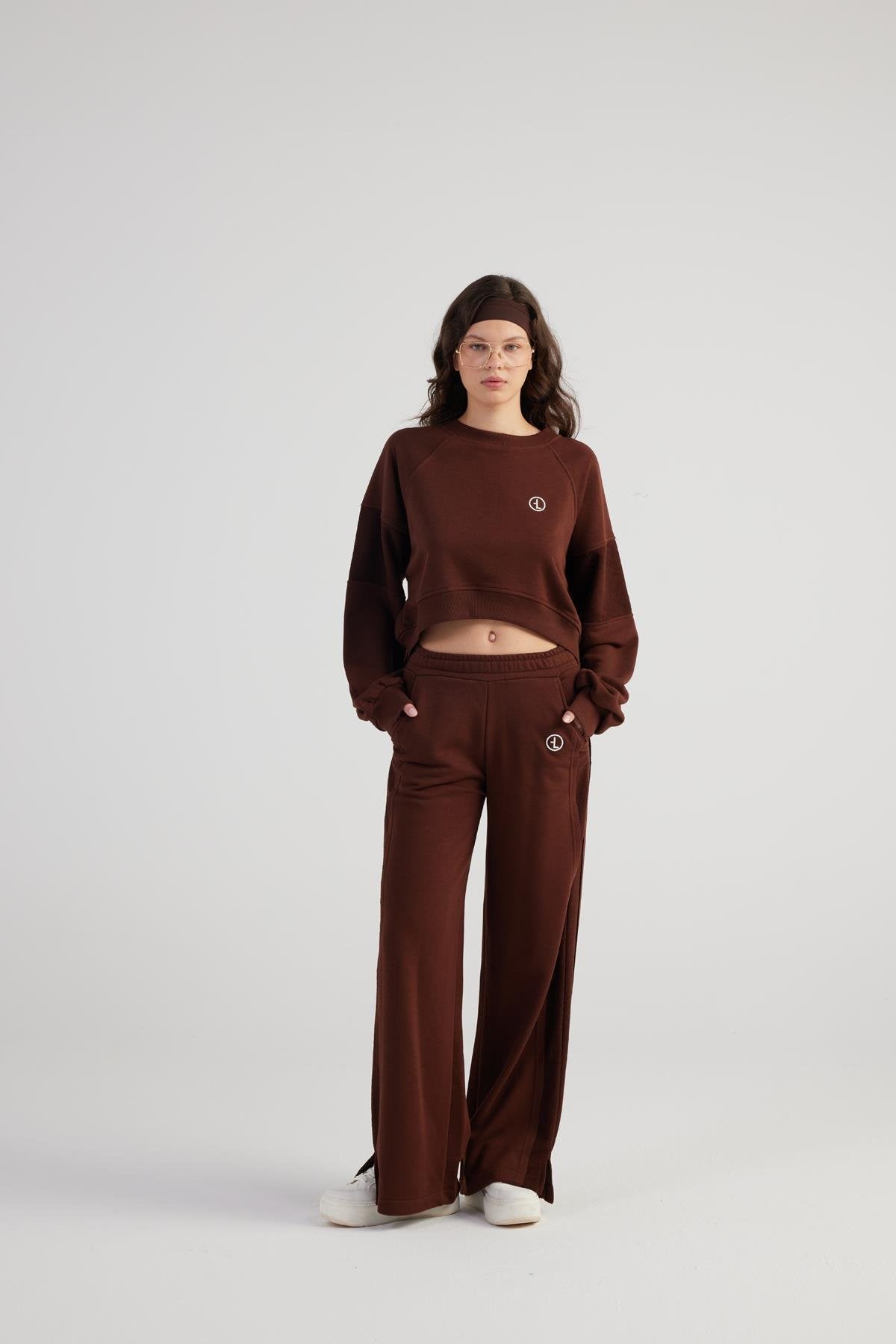 Paçası Yırtmaçlı Geniş Paça Şardonsuz Cali Eşofman Altı Kahve Kahve L