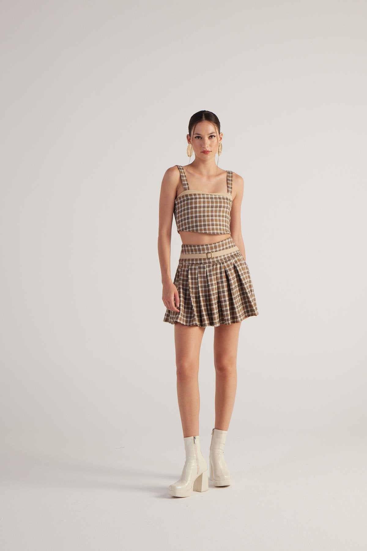 Kemerli Ekoseli Pilili Mini Merida Şort Etek Bej