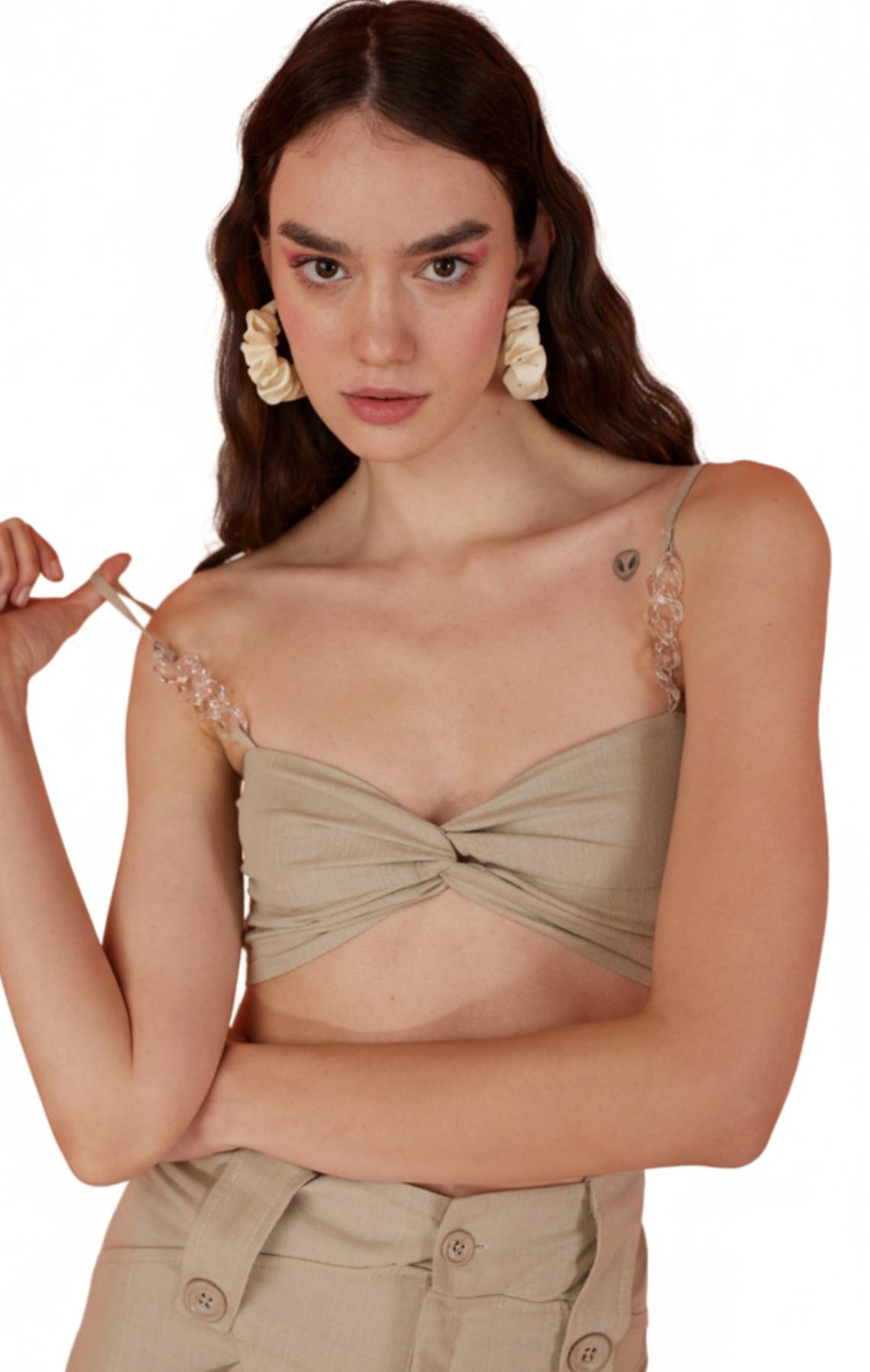 Koton Kumaş Şeffaf Rise Zincir Detaylı Bluz Bej