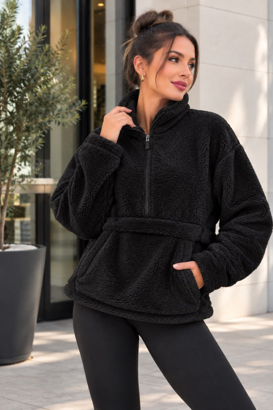 Kadın Yarım Fermuarlı Kanguru Cepli Peluş Wellsoft Sweatshirt
