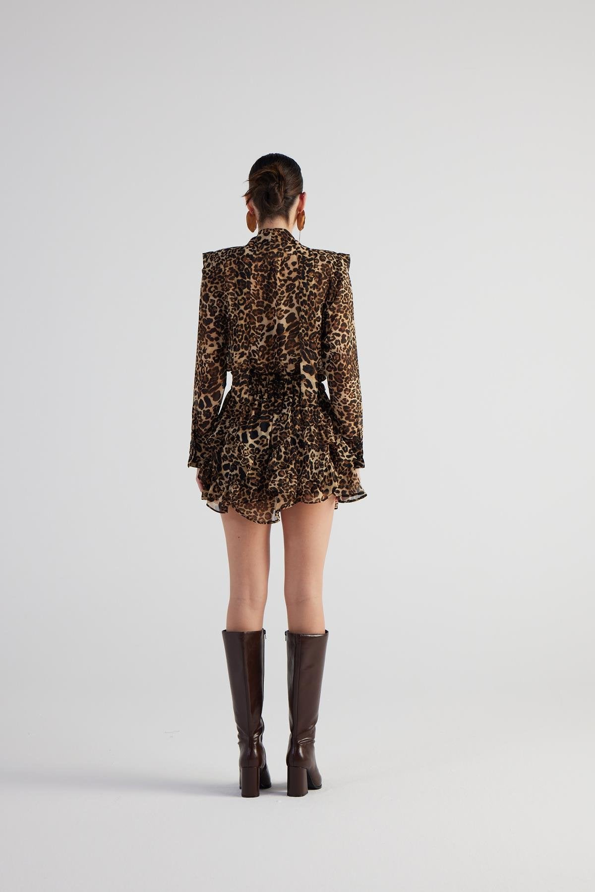 Şal Yakalı Leopar Desenli Kaia Gömlek Kahve