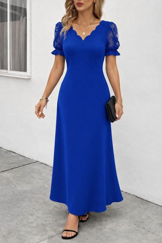 Women's Short Sleeve V Neck Long Ruffle Dress