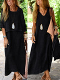 Women's Strappy V-Neck Long Pera Dress and Short-Sleeved Relaxed Blouse Set