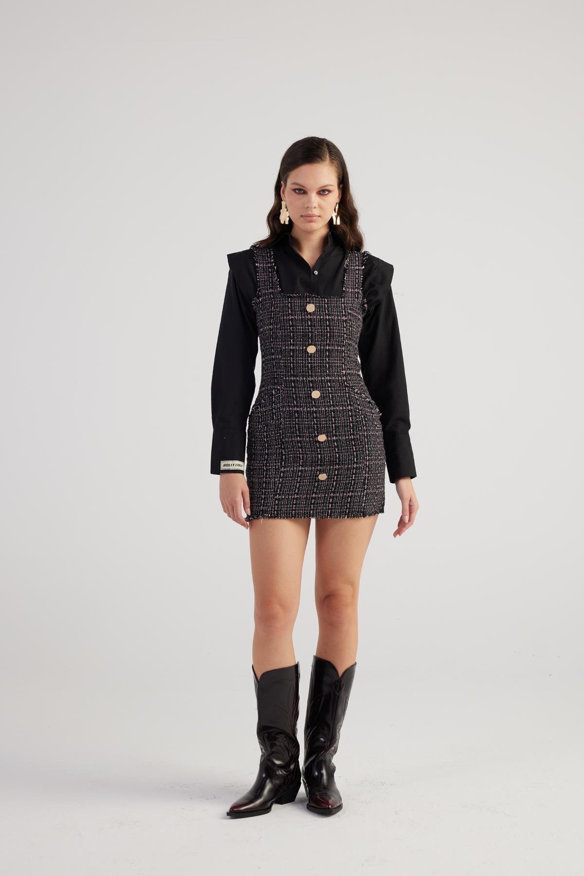 Metal Düğme Detaylı Mini Tweed Elbise Siyah Siyah L