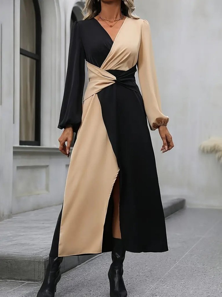 Women's Long Sleeve Wrap Neck Waist Cross Detail Two-Tone Midi Imported Crepe Dress