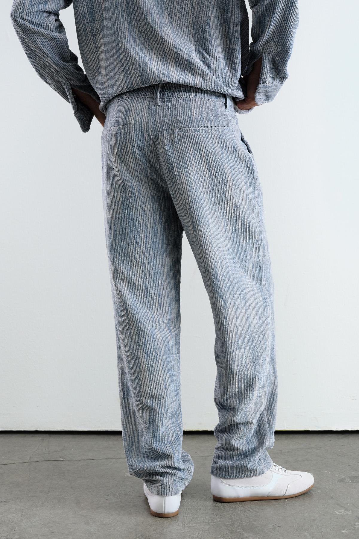 EFEKTLİ PİLİLİ KADİFE MAVİ PANTOLON