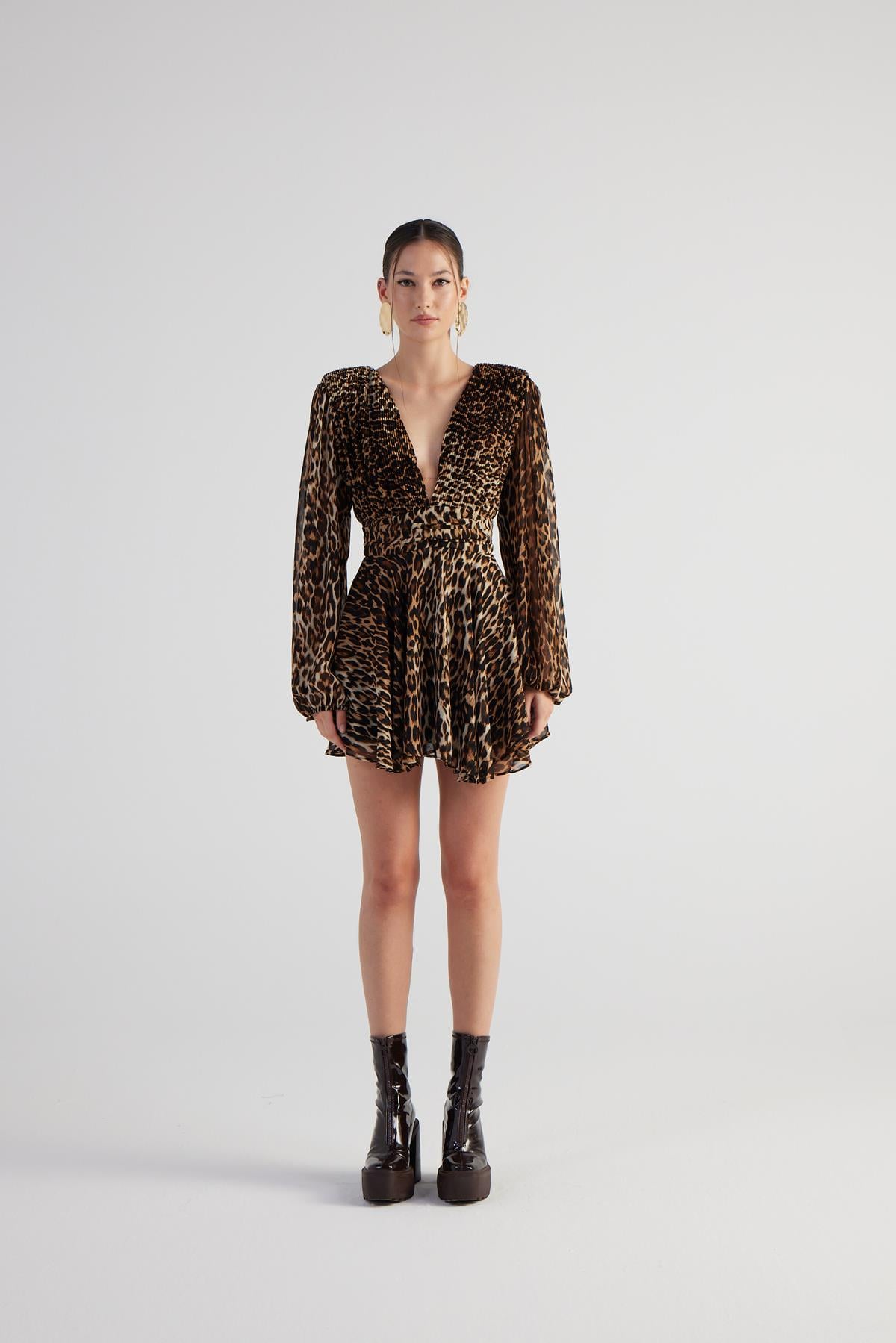 Leopar Desenli V Yaka Mini Janet Elbise Kahve