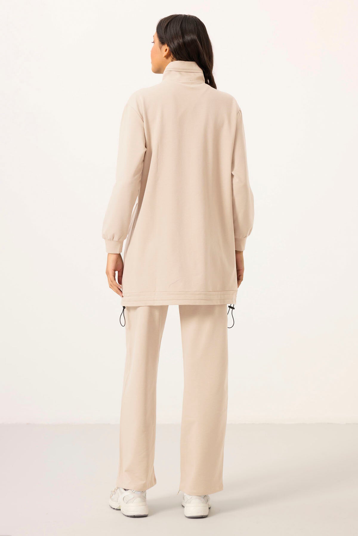 Ekru Dik Yaka Fermuarlı Pamuklu Kadın Eşofman Tunik Takım - 95346