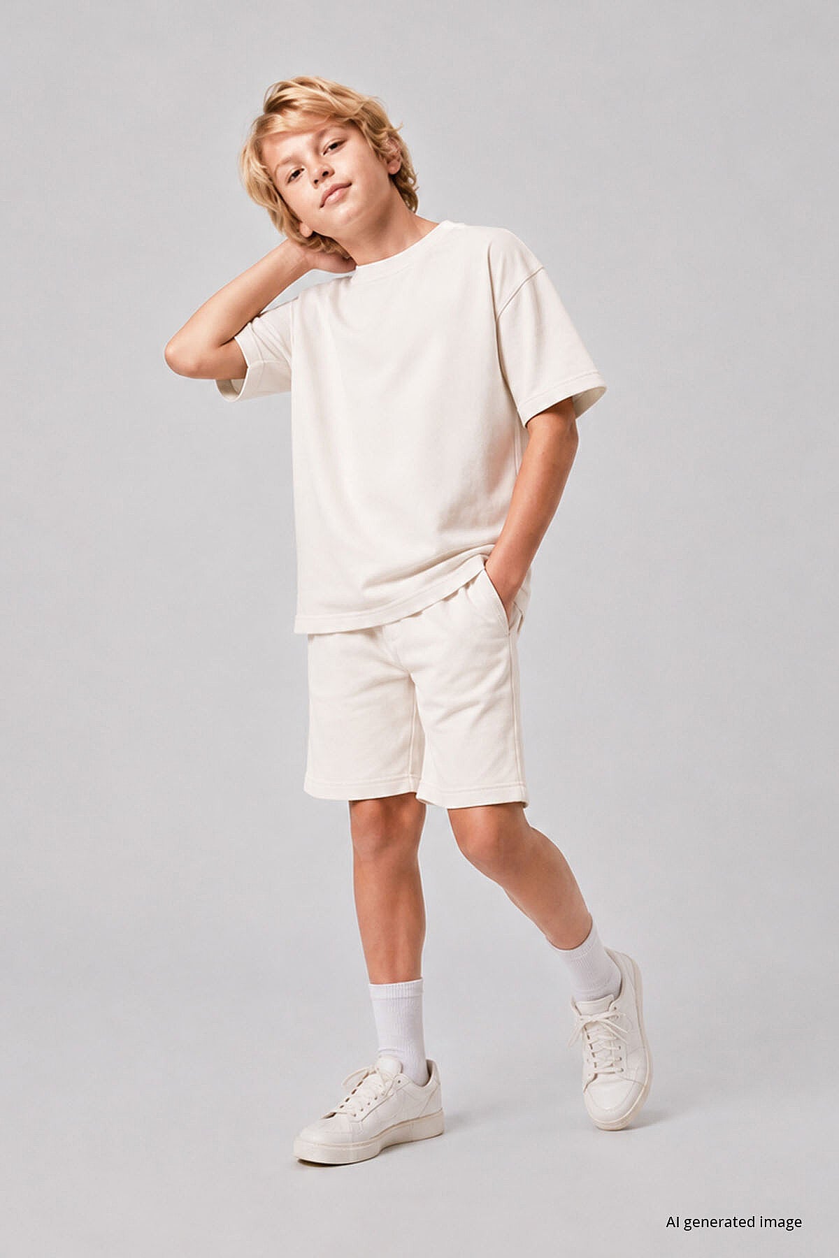 Ekru Oversize Fit Basic Erkek Çocuk Şort Takım - 11335