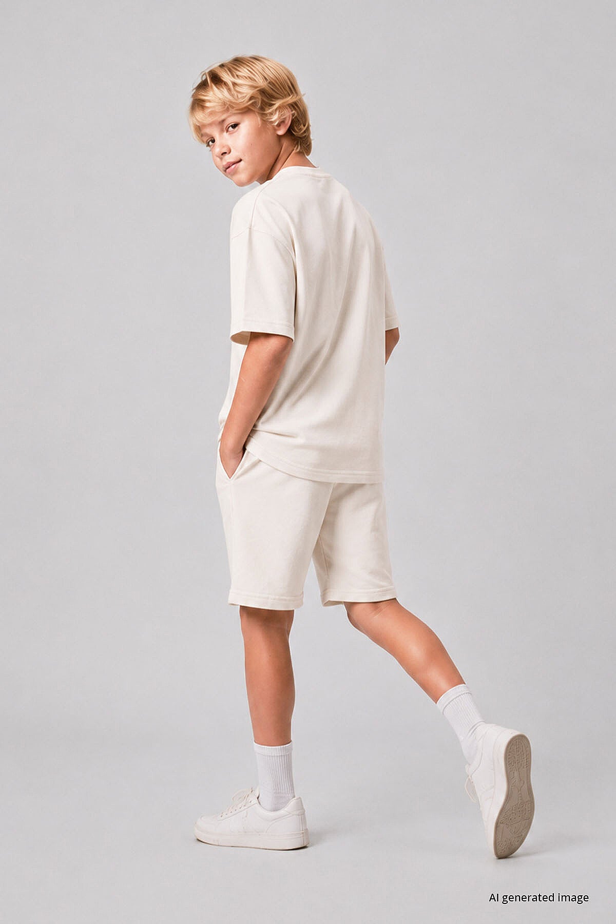 Ekru Oversize Fit Basic Erkek Çocuk Şort Takım - 11335