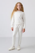 Ecru Cotton Fleece Lined Soft Textured Oversize Embroidered Girls' Tracksuit - 75145