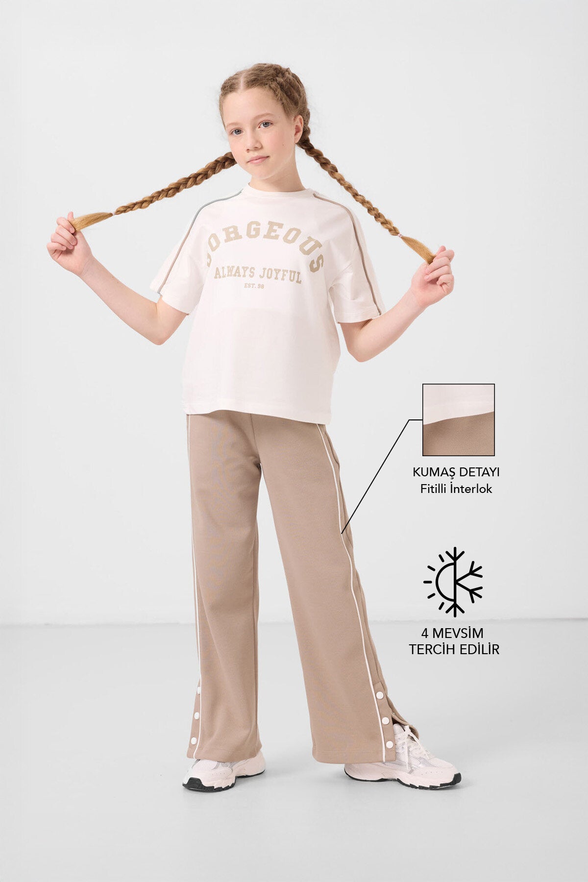 Ekru-Koyu Bej O Yaka Baskılı Geniş Paça Çıt Çıt Detaylı Kız Çocuk Palazzo Eşofman Takım - 75172