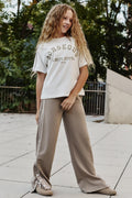Ecru-Dark Beige O-Neck Printed Wide Leg Snap Button Detail Girls Palazzo Tracksuit Set - 75172