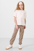 Ecru-Dark Beige O-Neck Printed Elastic Cuffed Standard Fit Girls' Tracksuit Set - 75186