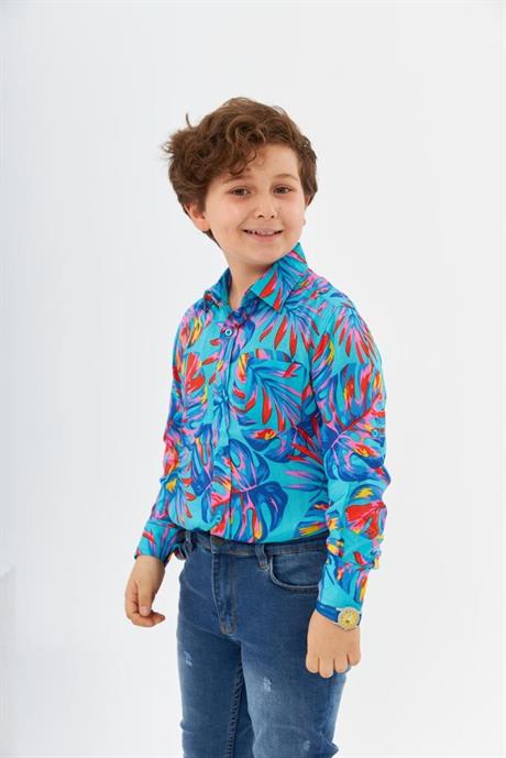 Erkek Çocuk Hawai Model Uzun Kollu Gömlek Kot Pantolon 2'li Takım Mavi 10 Yaş